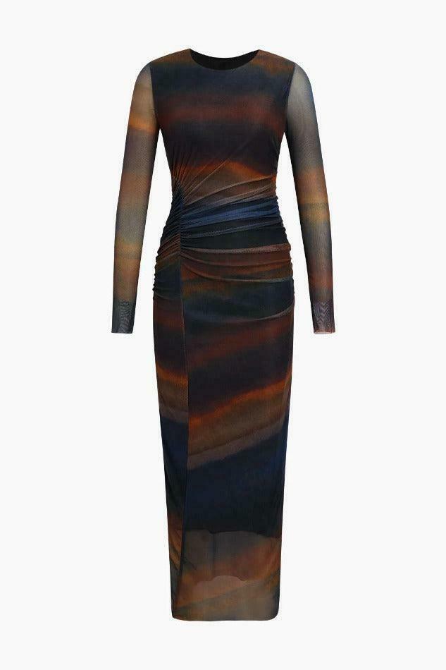 Y2K Tie Dye Mesh Midi Dress with Ruched Detail - Coquette Aesthetic Fashion for Women