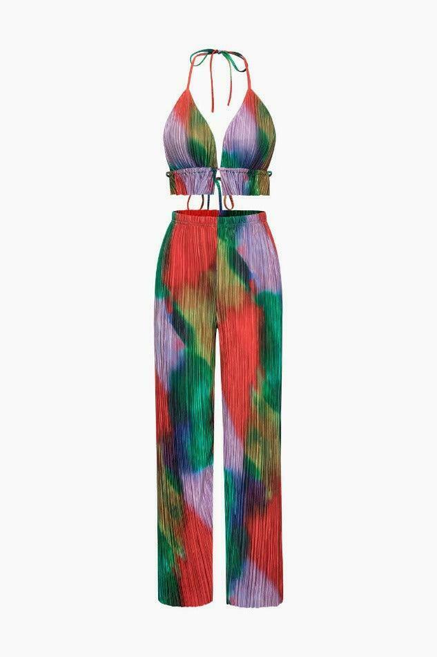 Y2K Tie Dye Plisse Halter Top & Pants Set - Coquette Aesthetic Outfit for Women