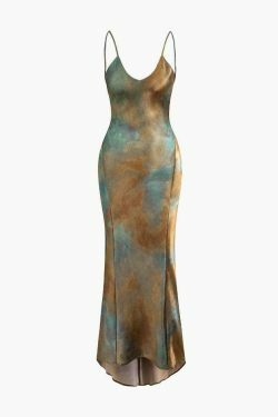 Y2K Tie Dye Satin Maxi Dress: Coquette Aesthetic, Grunge Style, Pastel Goth