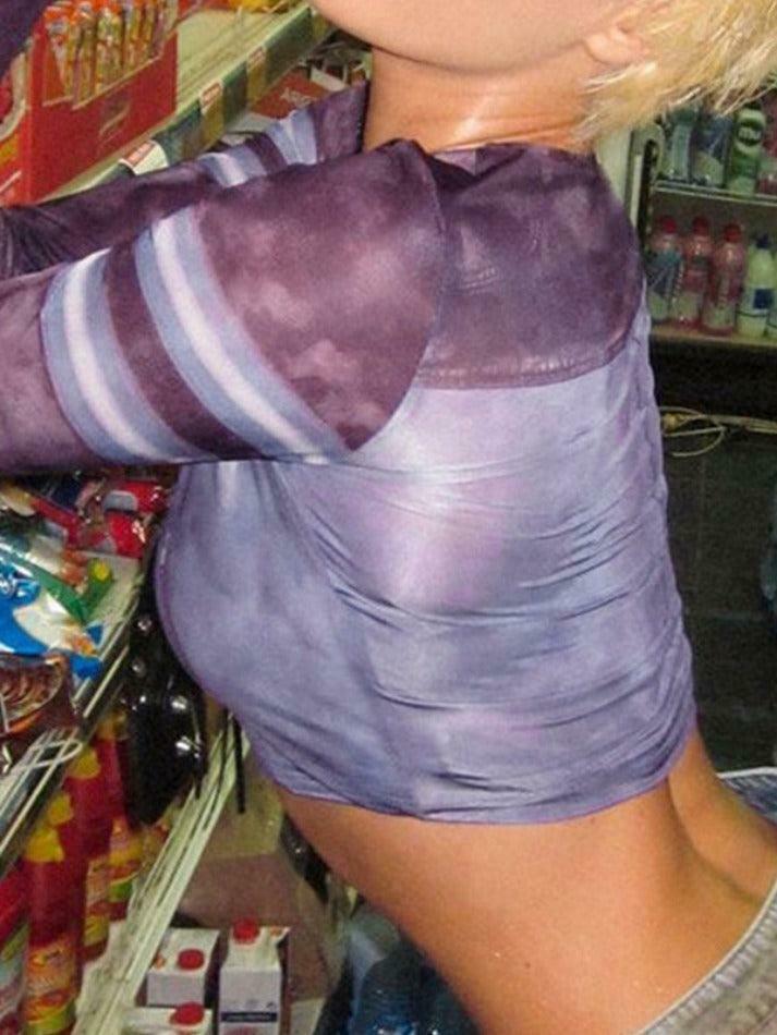 Y2K Tie Dye Splice Print Crop Long Sleeve Tee - Coquette Aesthetic Grunge Style Women's Fashion Y2K Tie Dye Splice Print Crop Long Sleeve Tee - Coquette Aesthetic Grunge Style Women's Fashion