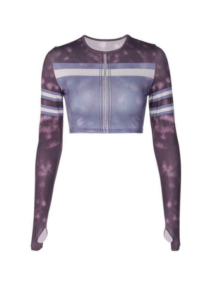 Y2K Tie Dye Splice Print Crop Long Sleeve Tee - Coquette Aesthetic Grunge Style Women's Fashion Y2K Tie Dye Splice Print Crop Long Sleeve Tee - Coquette Aesthetic Grunge Style Women's Fashion