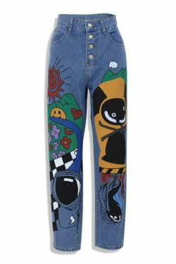 Y2K Vintage Cartoon Print Denim Pants - Coquette Aesthetic Grunge Style Cargo Skirt Women Fashion