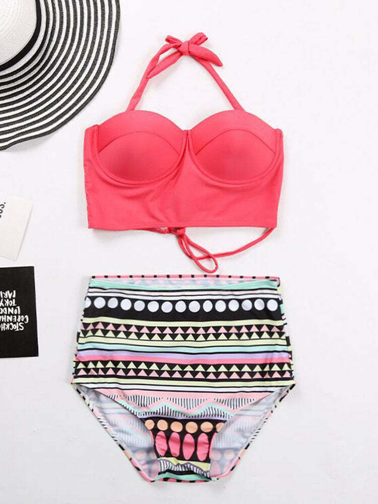 Y2K Vintage Halter String Backless Push Up Printed Bikinis Swimsuits