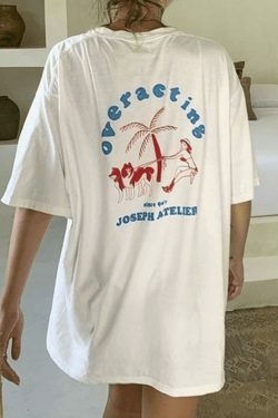 Y2K Vintage Logo Print Oversized Tee - Coquette Aesthetic Grunge Style Women's Fashion