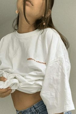 Y2K Vintage Logo Print Oversized Tee - Coquette Aesthetic Grunge Style Women's Fashion