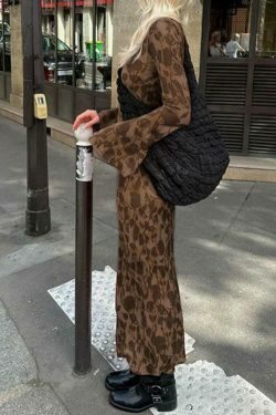 Y2K Vintage Print Maxi Dress with Trumpet Sleeves - Coquette Aesthetic Grunge Style Women's Fashion
