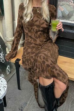 Y2K Vintage Print Maxi Dress with Trumpet Sleeves - Coquette Aesthetic Grunge Style Women's Fashion