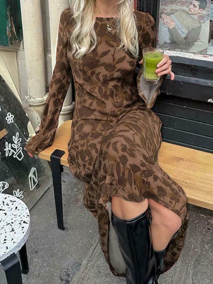 Y2K Vintage Print Maxi Dress with Trumpet Sleeves - Coquette Aesthetic Grunge Style Women's Fashion Y2K Vintage Print Maxi Dress with Trumpet Sleeves - Coquette Aesthetic Grunge Style Women's Fashion