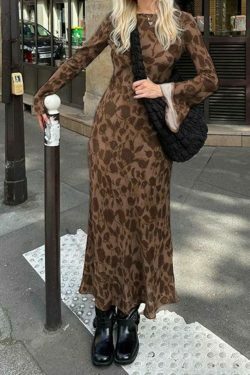 Y2K Vintage Print Maxi Dress with Trumpet Sleeves - Coquette Aesthetic Grunge Style Women's Fashion