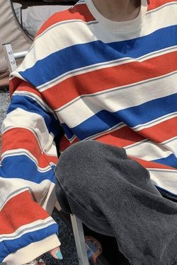 Y2K Vintage Striped Pullover Sweatshirt - Coquette Aesthetic Grunge Style - Cute Tops & Cargo Skirt