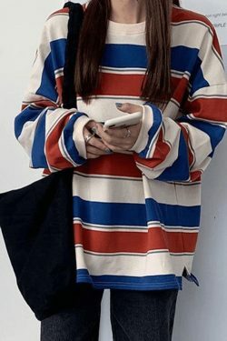 Y2K Vintage Striped Pullover Sweatshirt - Coquette Aesthetic Grunge Style - Cute Tops & Cargo Skirt