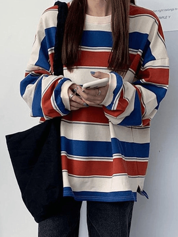 Y2K Vintage Striped Pullover Sweatshirt - Coquette Aesthetic Grunge Style - Cute Tops & Cargo Skirt Y2K Vintage Striped Pullover Sweatshirt - Coquette Aesthetic Grunge Style - Cute Tops & Cargo Skirt