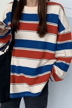 Y2K Vintage Striped Pullover Sweatshirt - Coquette Aesthetic Grunge Style - Cute Tops & Cargo Skirt