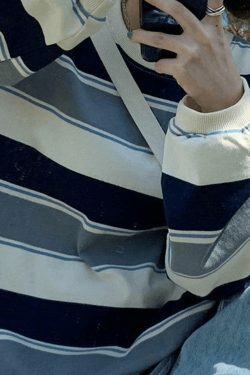 Y2K Vintage Striped Pullover Sweatshirt - Coquette Aesthetic Grunge Style - Cute Tops & Cargo Skirt