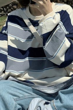 Y2K Vintage Striped Pullover Sweatshirt - Coquette Aesthetic Grunge Style - Cute Tops & Cargo Skirt