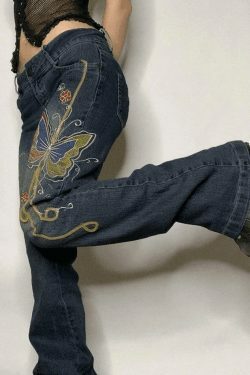 Y2K Vintage Washed Butterfly Flare Jeans - Coquette Aesthetic Grunge Style Women's Fashion