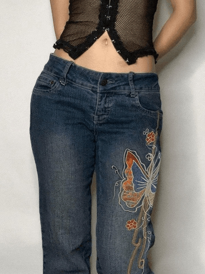 Y2K Vintage Washed Butterfly Flare Jeans - Coquette Aesthetic Grunge Style Women's Fashion Y2K Vintage Washed Butterfly Flare Jeans - Coquette Aesthetic Grunge Style Women's Fashion