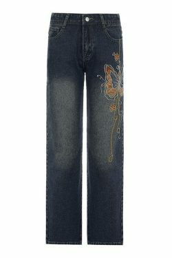 Y2K Vintage Washed Butterfly Flare Jeans - Coquette Aesthetic Grunge Style Women's Fashion