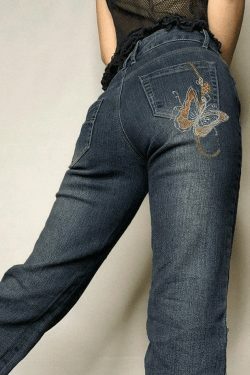 Y2K Vintage Washed Butterfly Flare Jeans - Coquette Aesthetic Grunge Style Women's Fashion