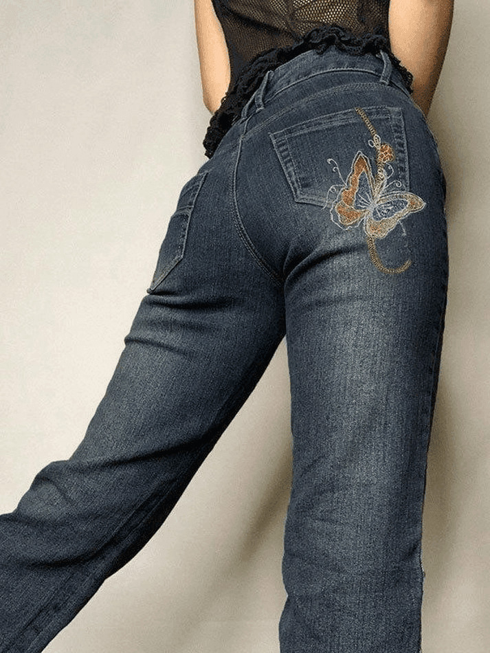 Y2K Vintage Washed Butterfly Flare Jeans - Coquette Aesthetic Grunge Style Women's Fashion Y2K Vintage Washed Butterfly Flare Jeans - Coquette Aesthetic Grunge Style Women's Fashion