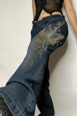 Y2K Vintage Washed Butterfly Flare Jeans - Coquette Aesthetic Grunge Style Women's Fashion