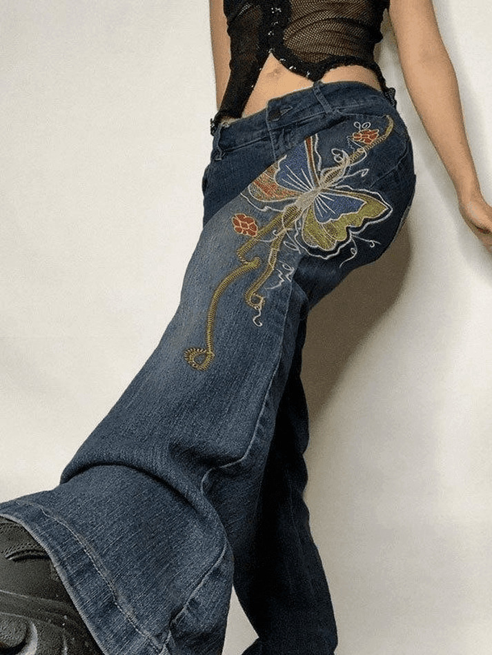 Y2K Vintage Washed Butterfly Flare Jeans - Coquette Aesthetic Grunge Style Women's Fashion Y2K Vintage Washed Butterfly Flare Jeans - Coquette Aesthetic Grunge Style Women's Fashion