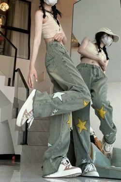 Y2K Washed Star Patched Boyfriend Jeans - Coquette Aesthetic Grunge Style - Cute Tops & Cargo Skirt