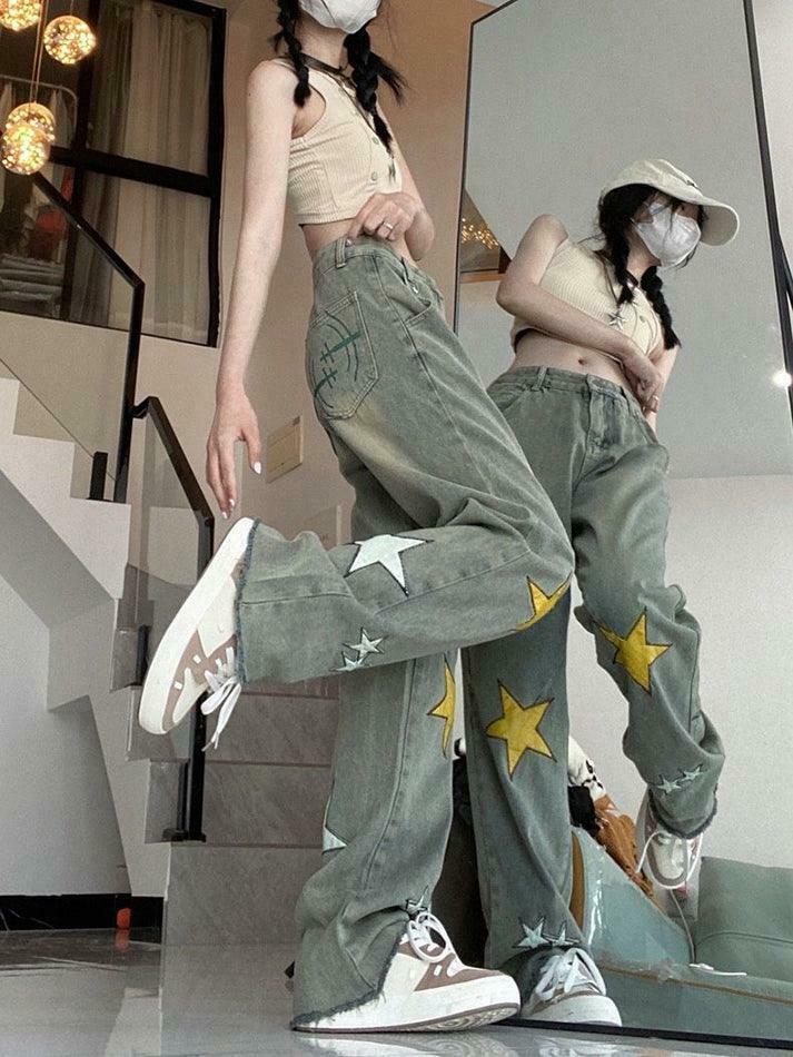 Y2K Washed Star Patched Boyfriend Jeans - Coquette Aesthetic Grunge Style - Cute Tops & Cargo Skirt Y2K Washed Star Patched Boyfriend Jeans - Coquette Aesthetic Grunge Style - Cute Tops & Cargo Skirt