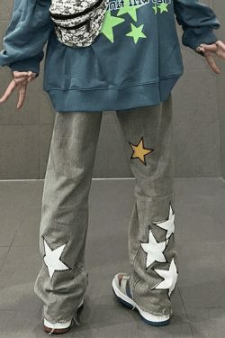 Y2K Washed Star Patched Boyfriend Jeans - Coquette Aesthetic Grunge Style - Cute Tops & Cargo Skirt