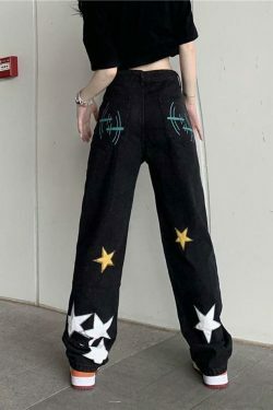 Y2K Washed Star Patched Boyfriend Jeans - Coquette Aesthetic Grunge Style - Cute Tops & Cargo Skirt
