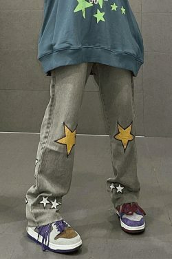 Y2K Washed Star Patched Boyfriend Jeans - Coquette Aesthetic Grunge Style - Cute Tops & Cargo Skirt