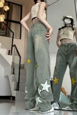 Y2K Washed Star Patched Boyfriend Jeans - Coquette Aesthetic Grunge Style - Cute Tops & Cargo Skirt