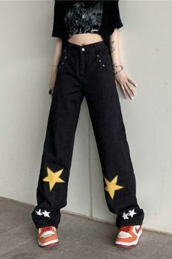 Y2K Washed Star Patched Boyfriend Jeans - Coquette Aesthetic Grunge Style - Cute Tops & Cargo Skirt