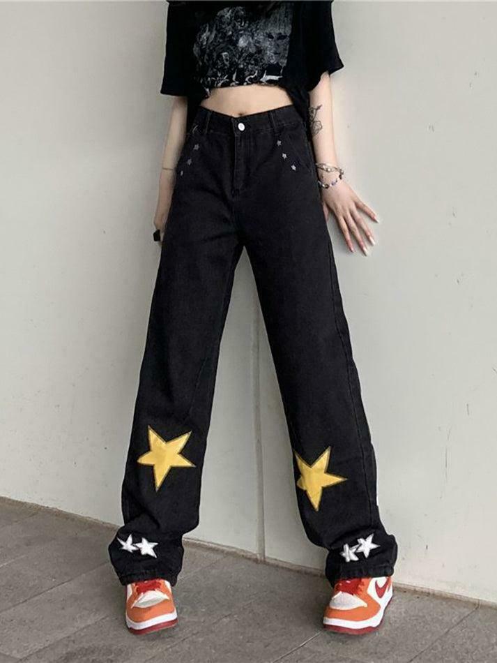 Y2K Washed Star Patched Boyfriend Jeans - Coquette Aesthetic Grunge Style - Cute Tops & Cargo Skirt Y2K Washed Star Patched Boyfriend Jeans - Coquette Aesthetic Grunge Style - Cute Tops & Cargo Skirt