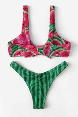 Y2K Watermelon Front Knot Bikini - Coquette Aesthetic Grunge Style Cute Tops & Cargo Skirt