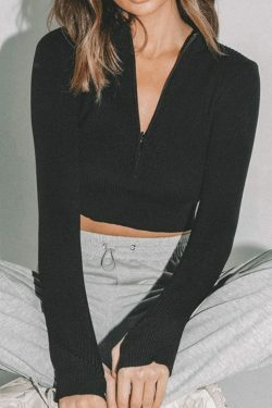 Y2K Zipper Crop Knit Top: Coquette Aesthetic Grunge Style - Cute Pastel Goth Fashion