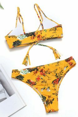 Yellow Floral Lace-Up Tassel Bikini Set with Ribbed Texture - Y2K Fashion Swimwear