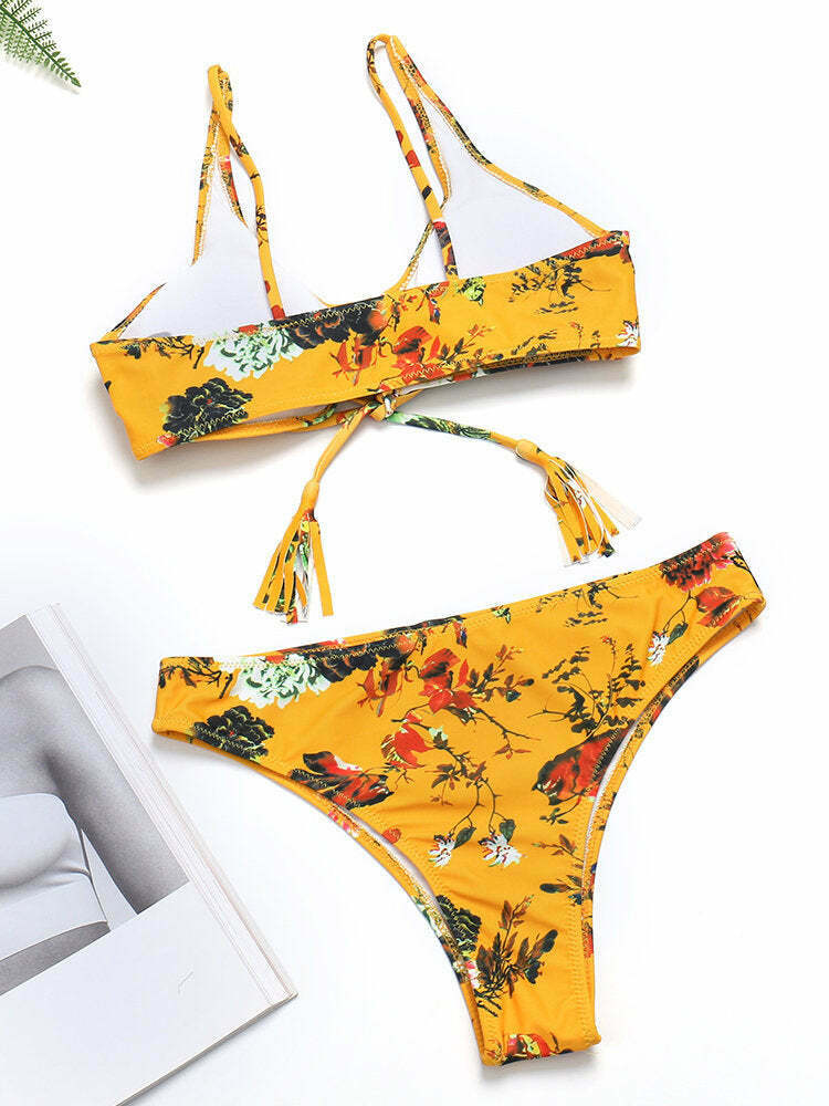 Yellow Floral Lace-Up Tassel Bikini Set with Ribbed Texture - Y2K Fashion Swimwear