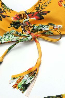 Yellow Floral Lace-Up Tassel Bikini Set with Ribbed Texture - Y2K Fashion Swimwear