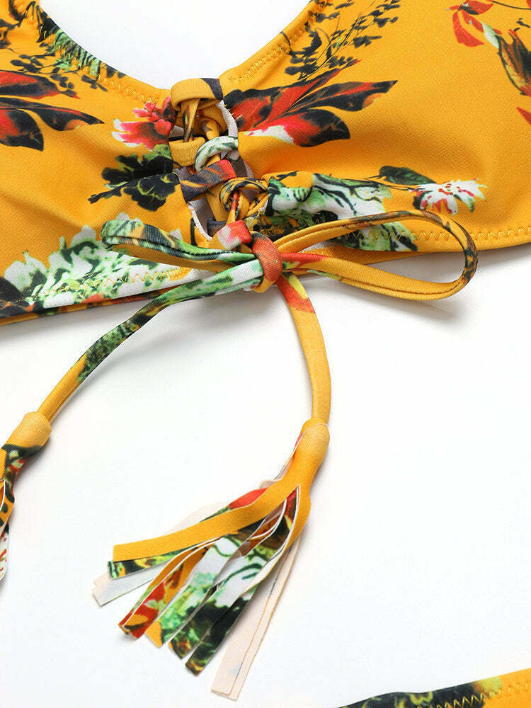 Yellow Floral Lace-Up Tassel Bikini Set with Ribbed Texture - Y2K Fashion Swimwear