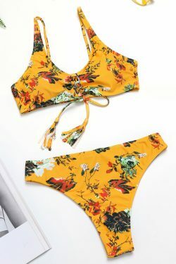 Yellow Floral Lace-Up Tassel Bikini Set with Ribbed Texture - Y2K Fashion Swimwear