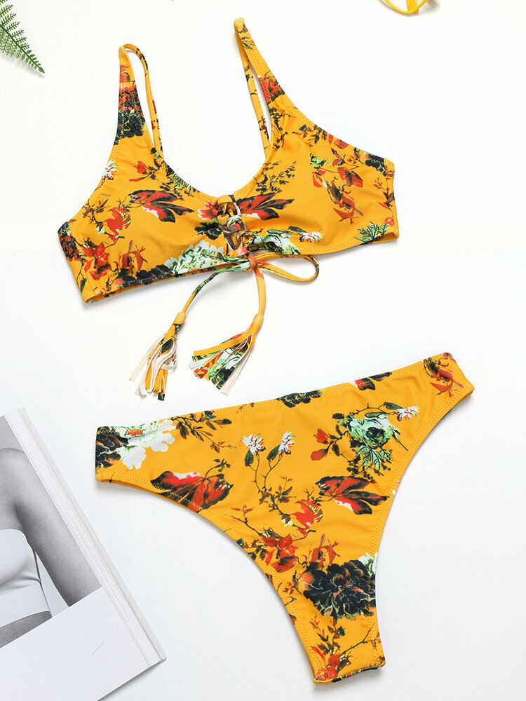 Yellow Floral Lace-Up Tassel Bikini Set with Ribbed Texture - Y2K Fashion Swimwear