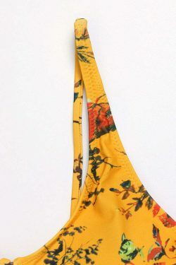 Yellow Floral Lace-Up Tassel Bikini Set with Ribbed Texture - Y2K Fashion Swimwear