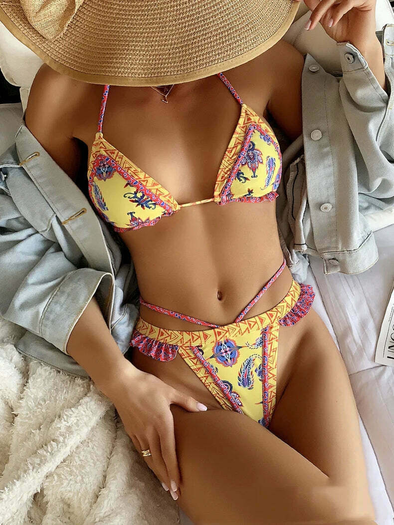 Yellow Strap Bikini: Y2K Fashion Halter Swimsuit - Coquette Aesthetic, Grunge Style, Cute Tops