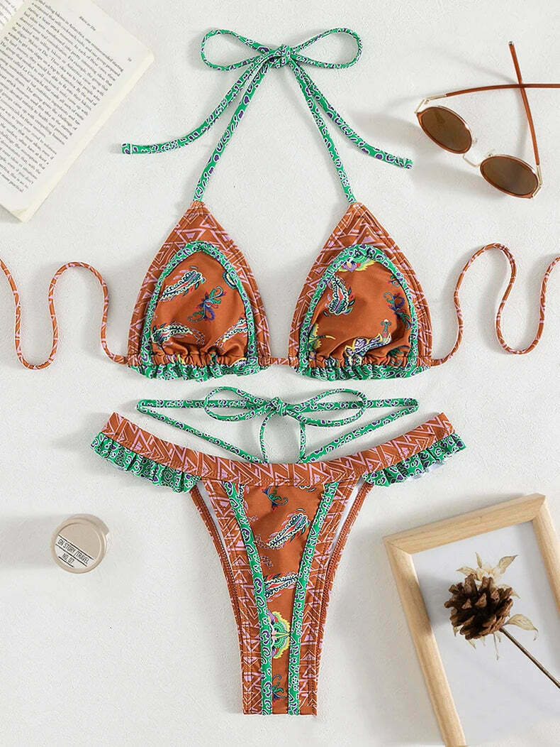 Yellow Strap Bikini: Y2K Fashion Halter Swimsuit - Coquette Aesthetic, Grunge Style, Cute Tops