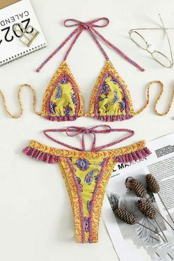 Yellow Strap Bikini: Y2K Fashion Halter Swimsuit - Coquette Aesthetic, Grunge Style, Cute Tops