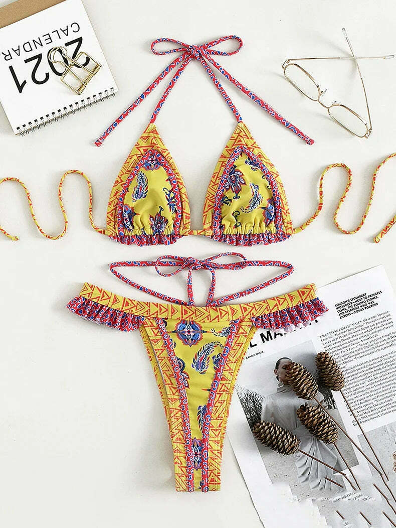 Yellow Strap Bikini: Y2K Fashion Halter Swimsuit - Coquette Aesthetic, Grunge Style, Cute Tops