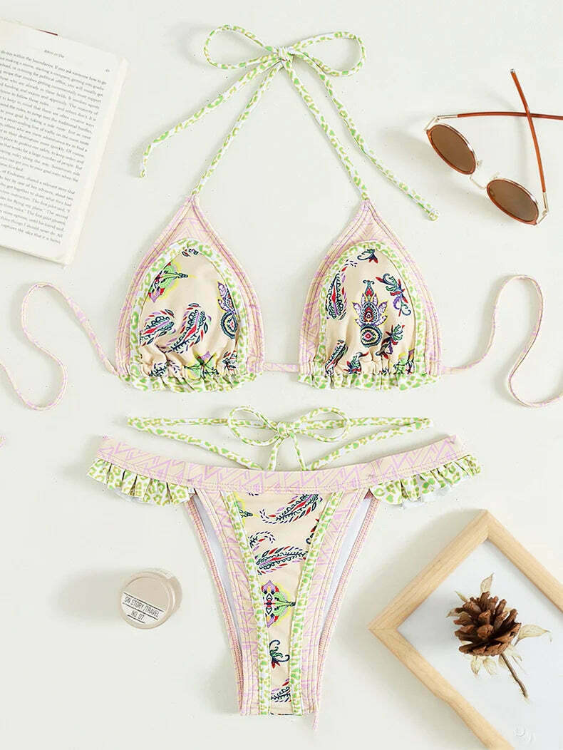 Yellow Strap Bikini: Y2K Fashion Halter Swimsuit - Coquette Aesthetic, Grunge Style, Cute Tops