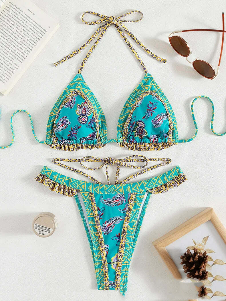 Yellow Strap Bikini: Y2K Fashion Halter Swimsuit - Coquette Aesthetic, Grunge Style, Cute Tops