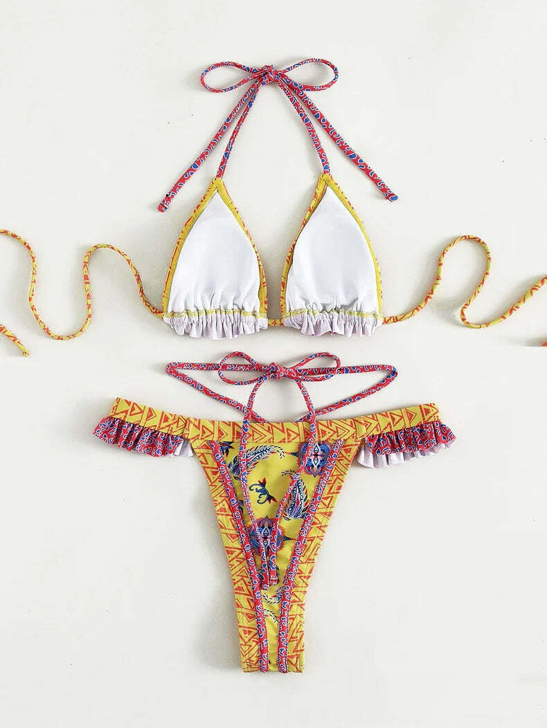 Yellow Strap Bikini: Y2K Fashion Halter Swimsuit - Coquette Aesthetic, Grunge Style, Cute Tops